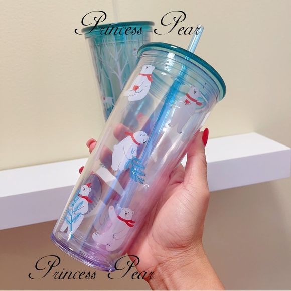 2x Starbucks ACRYLIC Christmas Polar Bear Present 2019 16 oz. COLD CUP - Picture 3 of 13